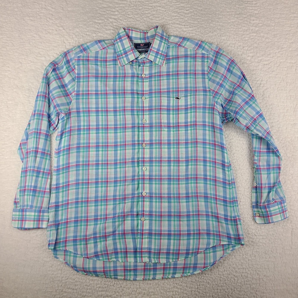 Southern Tide Dress Shirt Mens Large Blue Green Red Slim Fit Tucker Button Up